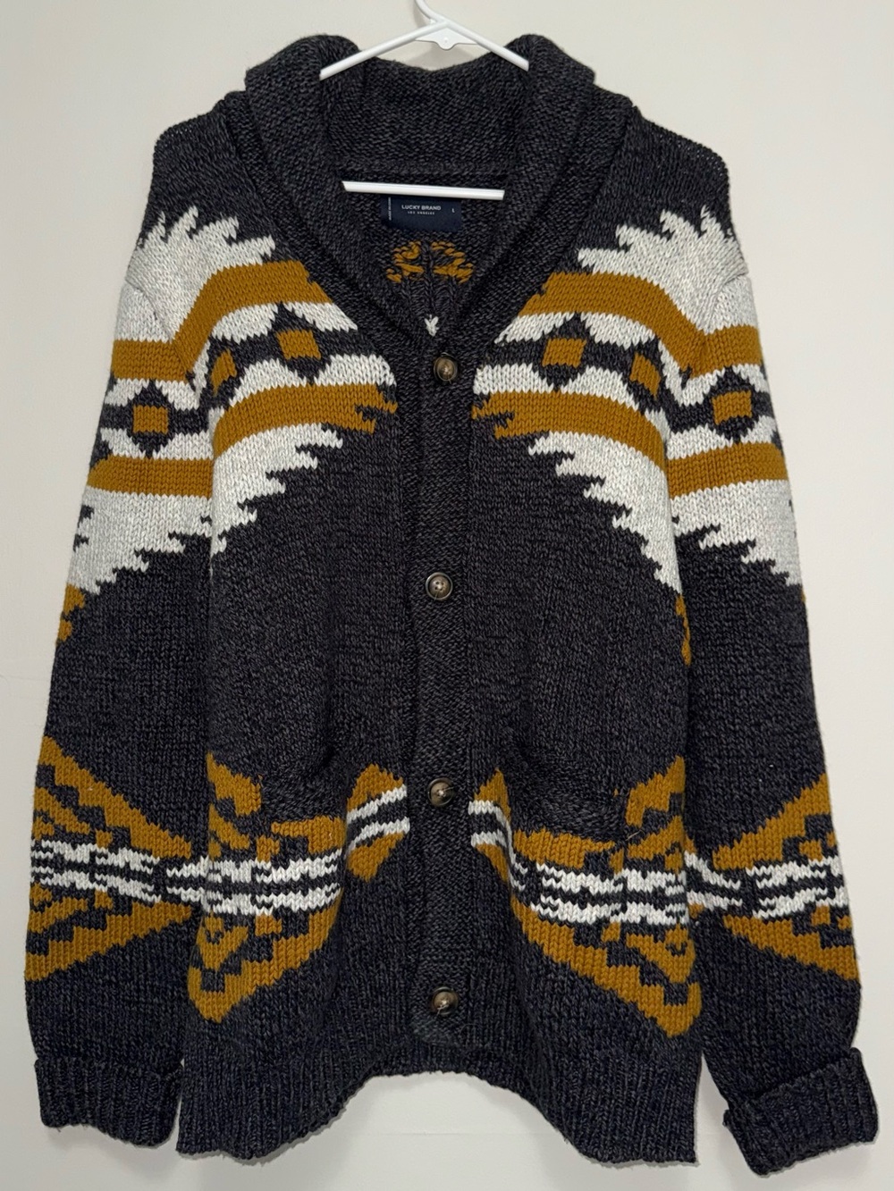 Lucky Brand Men's Shawl Collar Cardigan - Charcoal, Mustard & Cream
